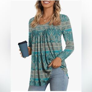 Womens sz L NWT Pleated Long Sleeve Top Tunic Turquoise Tan Paisley Scoop Neck